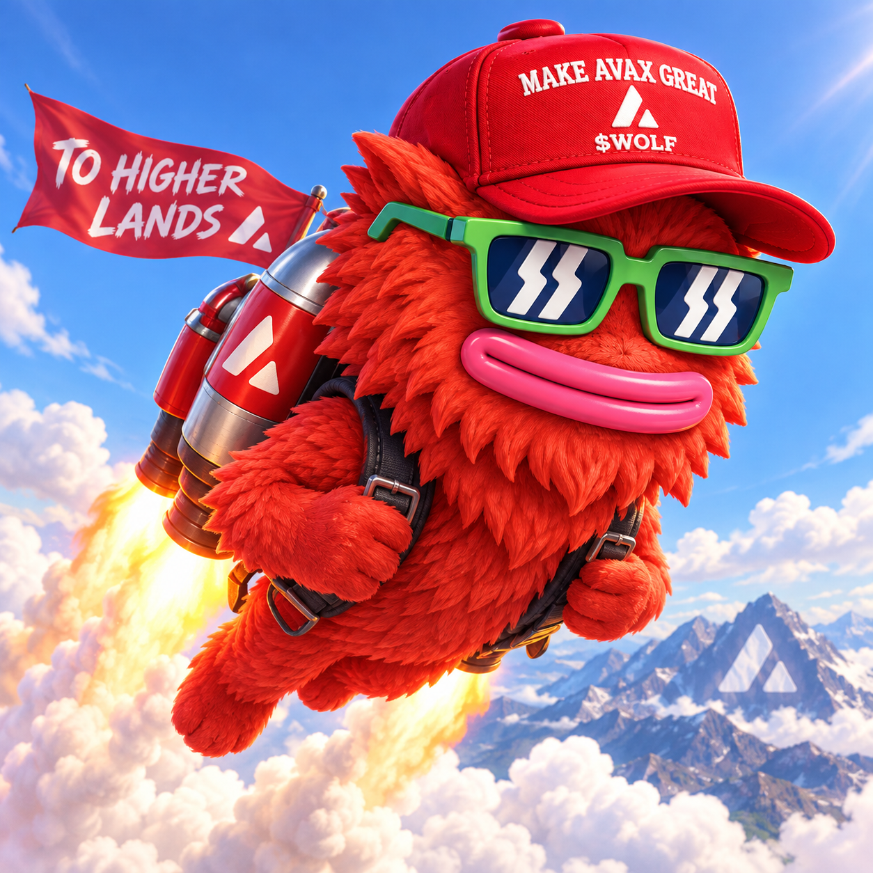 LANDWOLF flying with a jetpack and a To Higher Lands flag over the Avalanche mountains